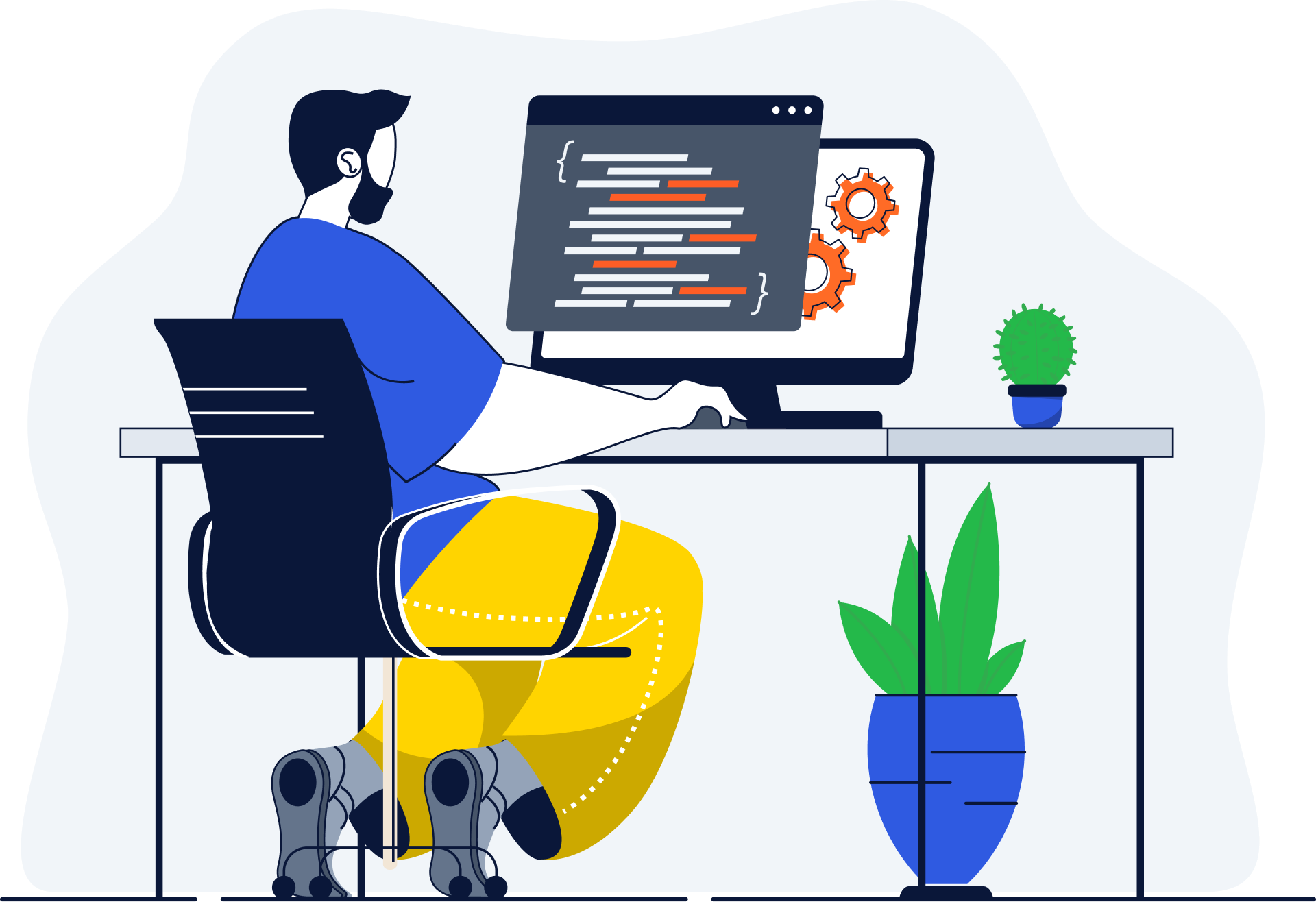 Man sitting in front of a computer and coding graphic
